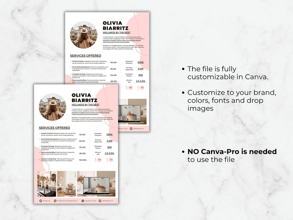 Two versions of a resume template with a pink design on a marble background.