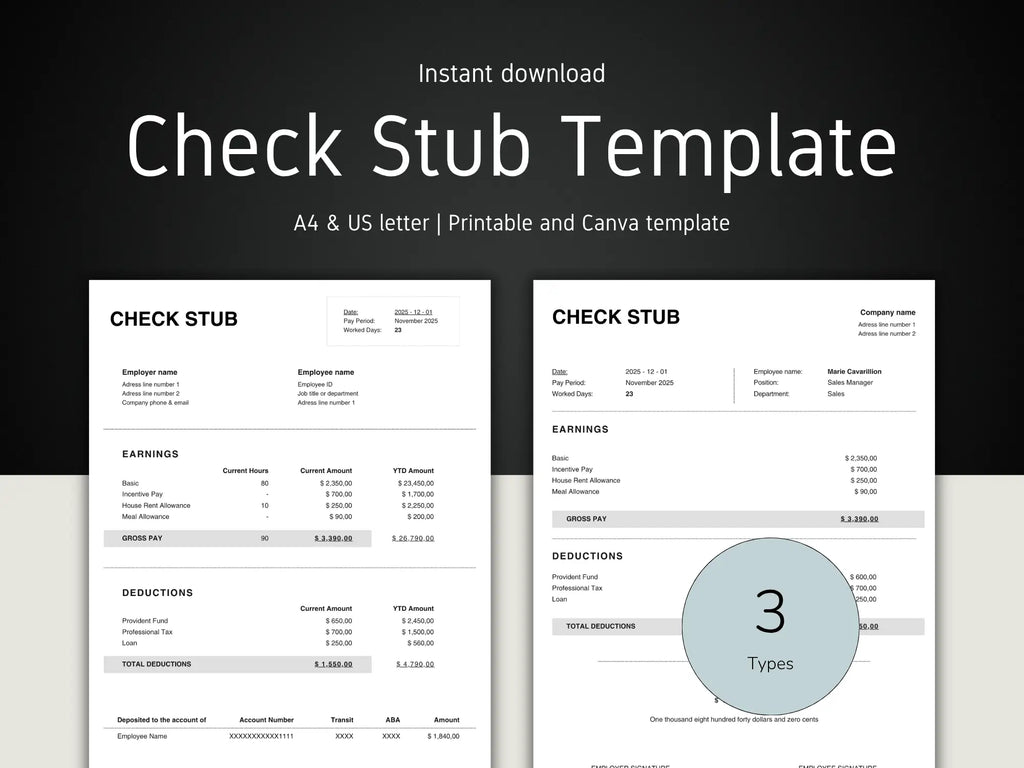 Check Stub Template with 'Instant download' text on a dark background