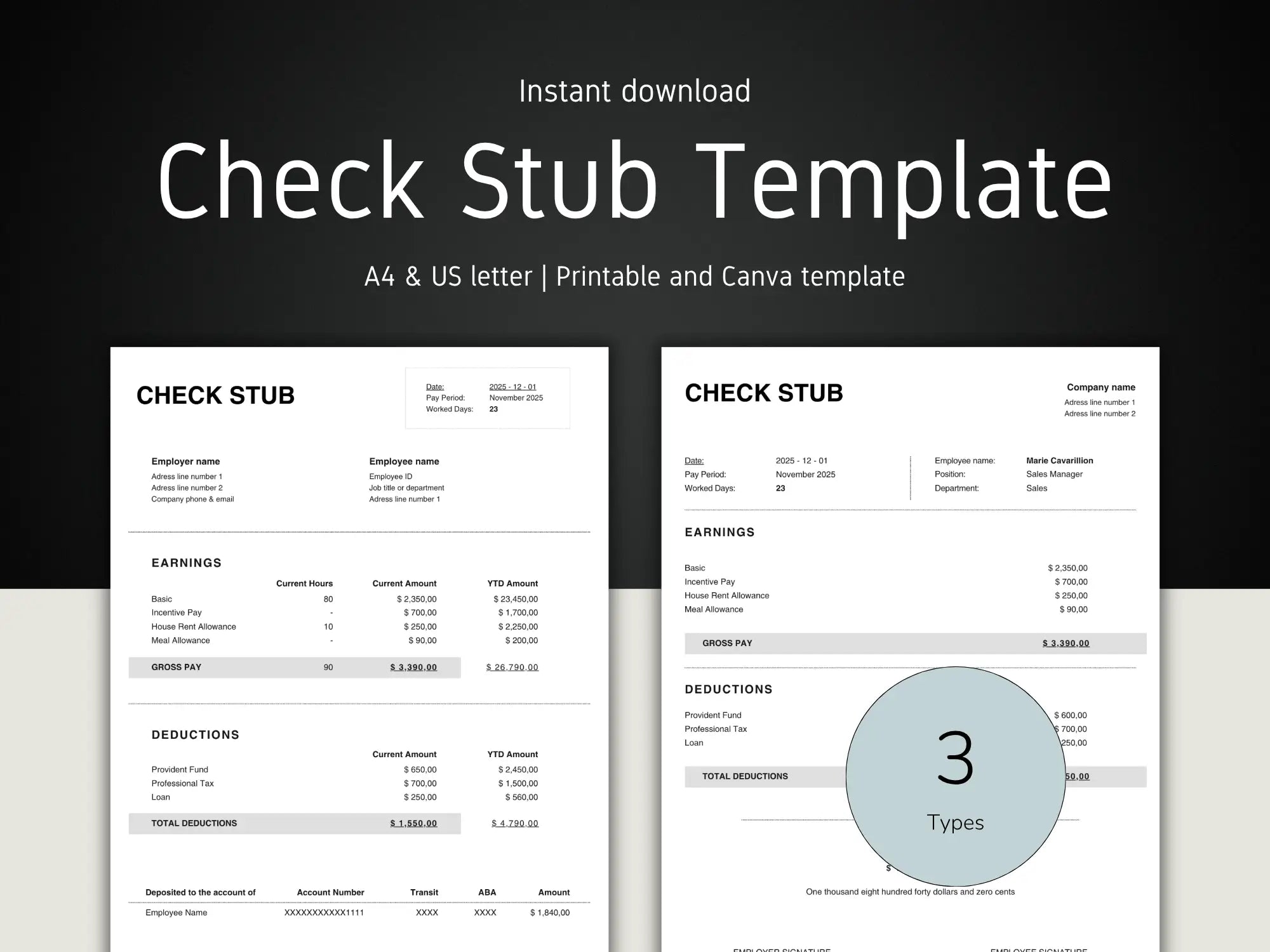 Check Stub Template with 'Instant download' text on a dark background