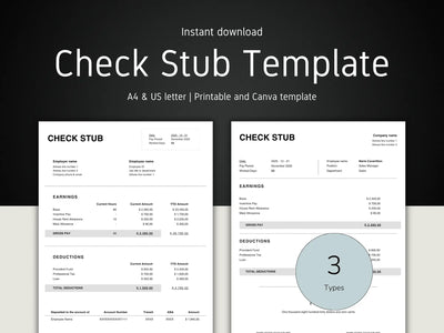 Check Stub Template with 'Instant download' text on a dark background