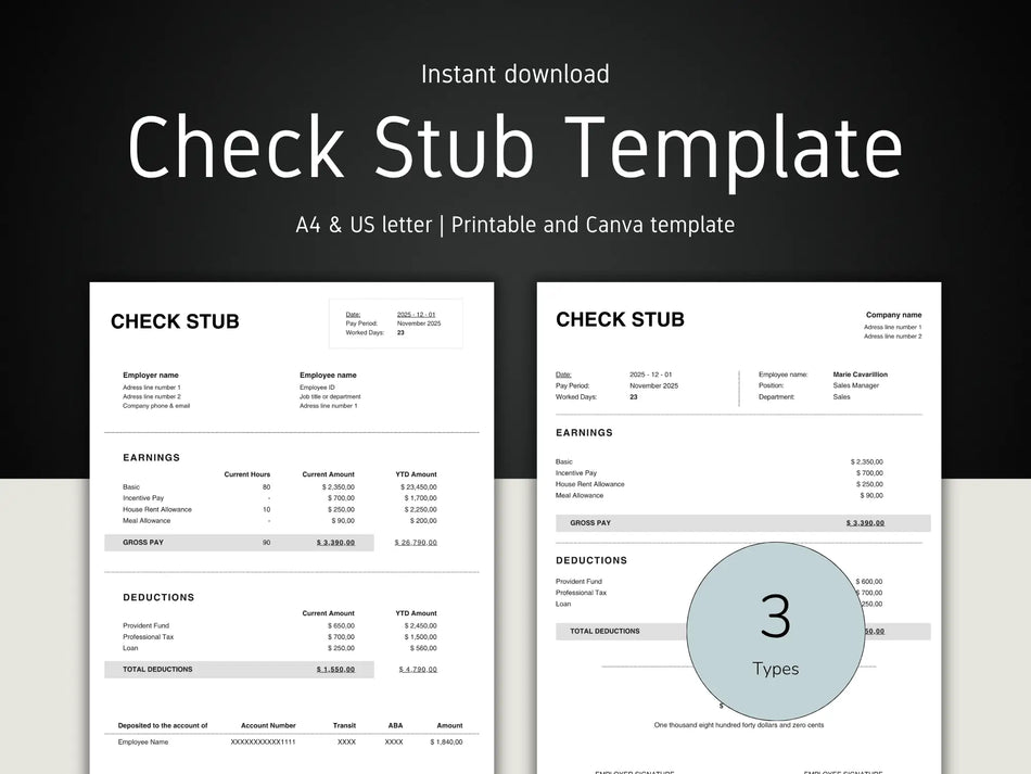 Check Stub Template with 'Instant download' text on a dark background
