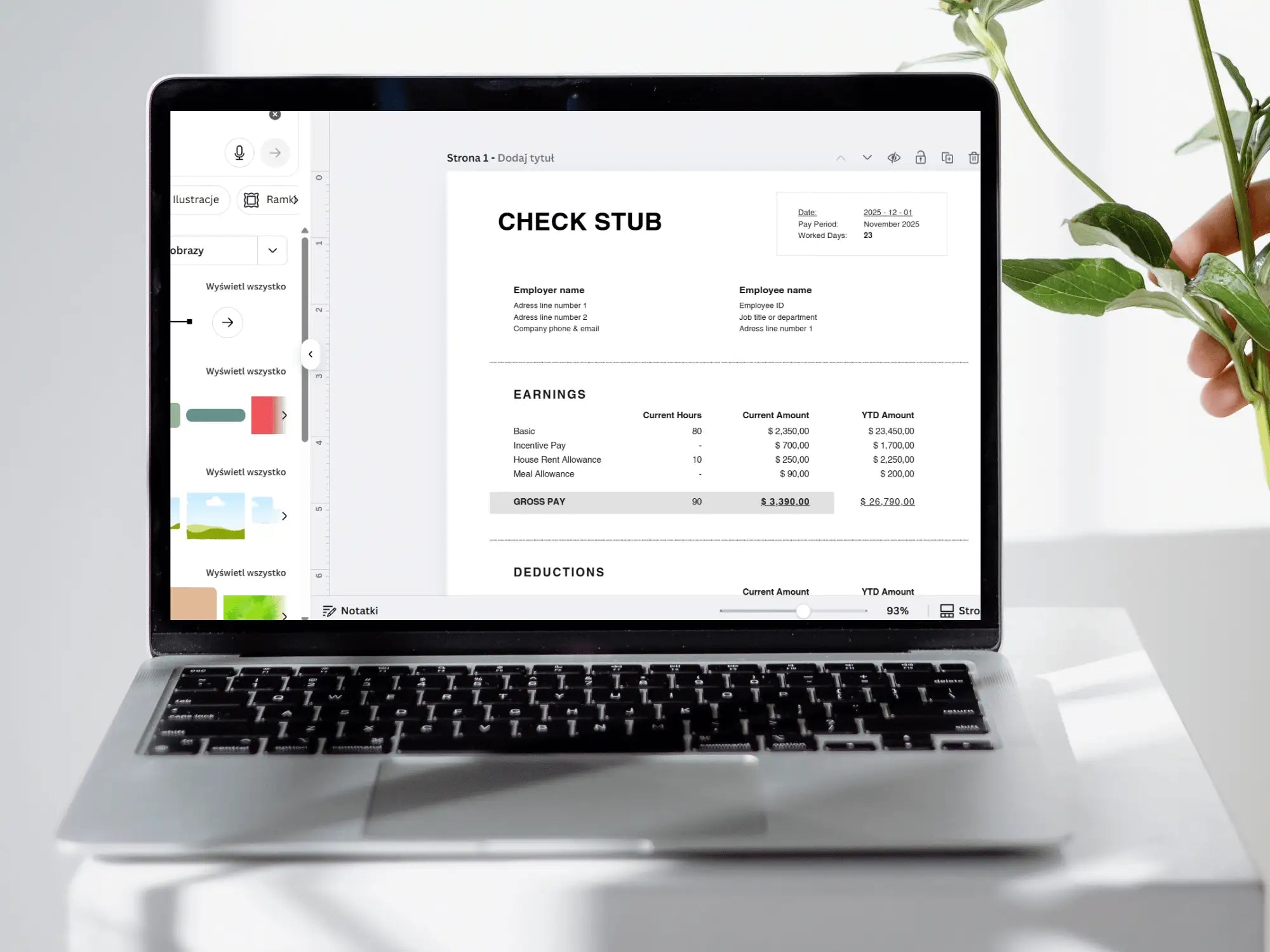 Laptop displaying a check stub on a white surface with a hand holding a plant.