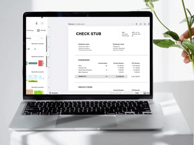 Laptop displaying a check stub on a white surface with a hand holding a plant.