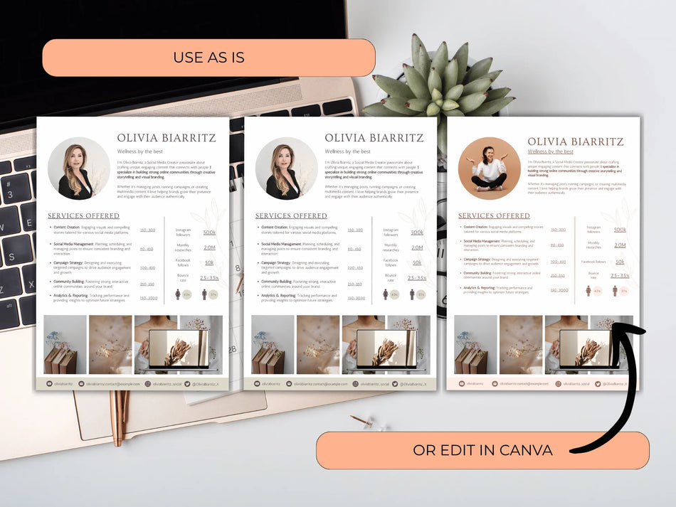 Three views of a resume template with a laptop and plant in the background.