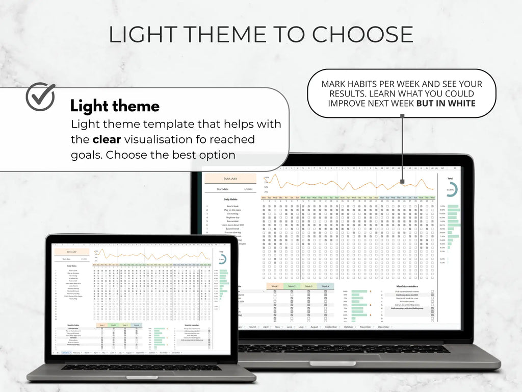 Two laptops displaying a light theme template for goal tracking with text on a white background.