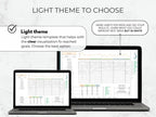 Two laptops displaying a light theme template for goal tracking with text on a white background.