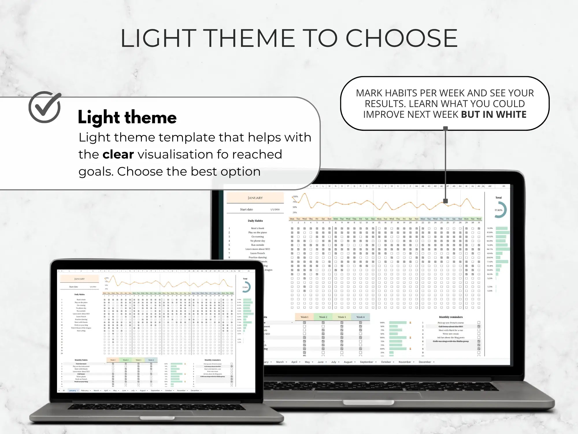 Two laptops displaying a light theme template for goal tracking with text on a white background.