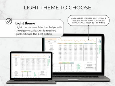 Two laptops displaying a light theme template for goal tracking with text on a white background.