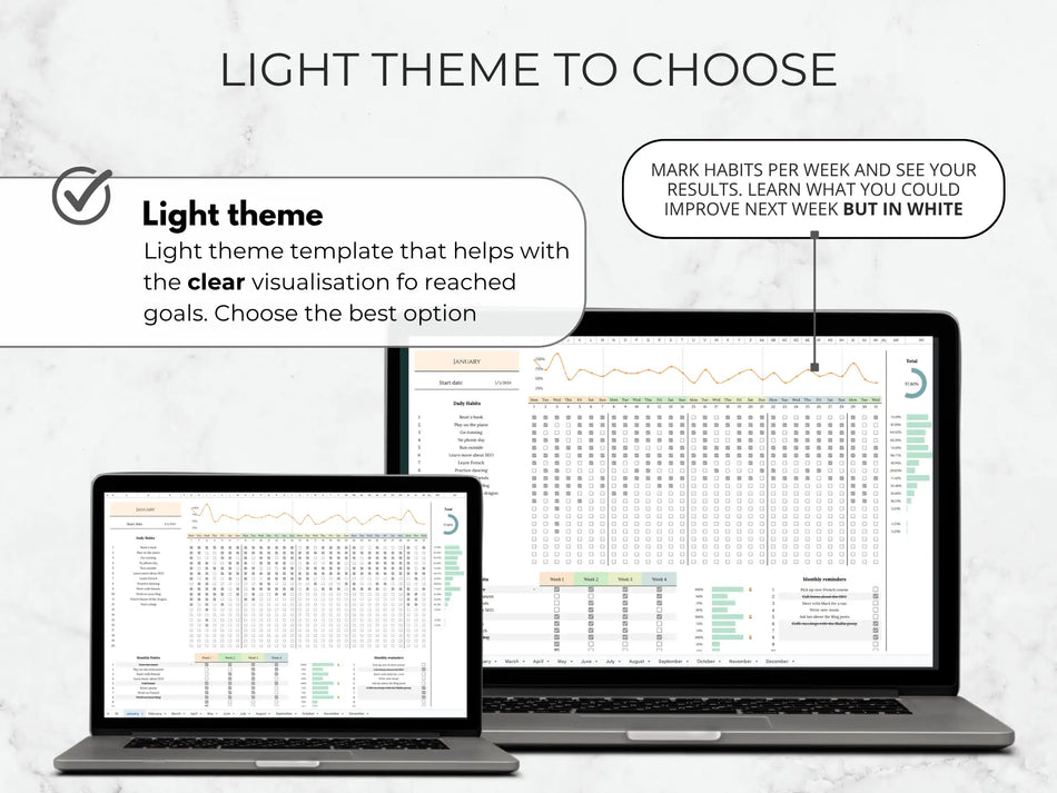 Two laptops displaying a light theme template for goal tracking with text on a white background.