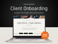 Digital product mockup for a client onboarding template, showing a laptop with a clean white onboarding webpage layout on screen against a dark background with promotional text and an orange 'SHOP NOW!' badge.