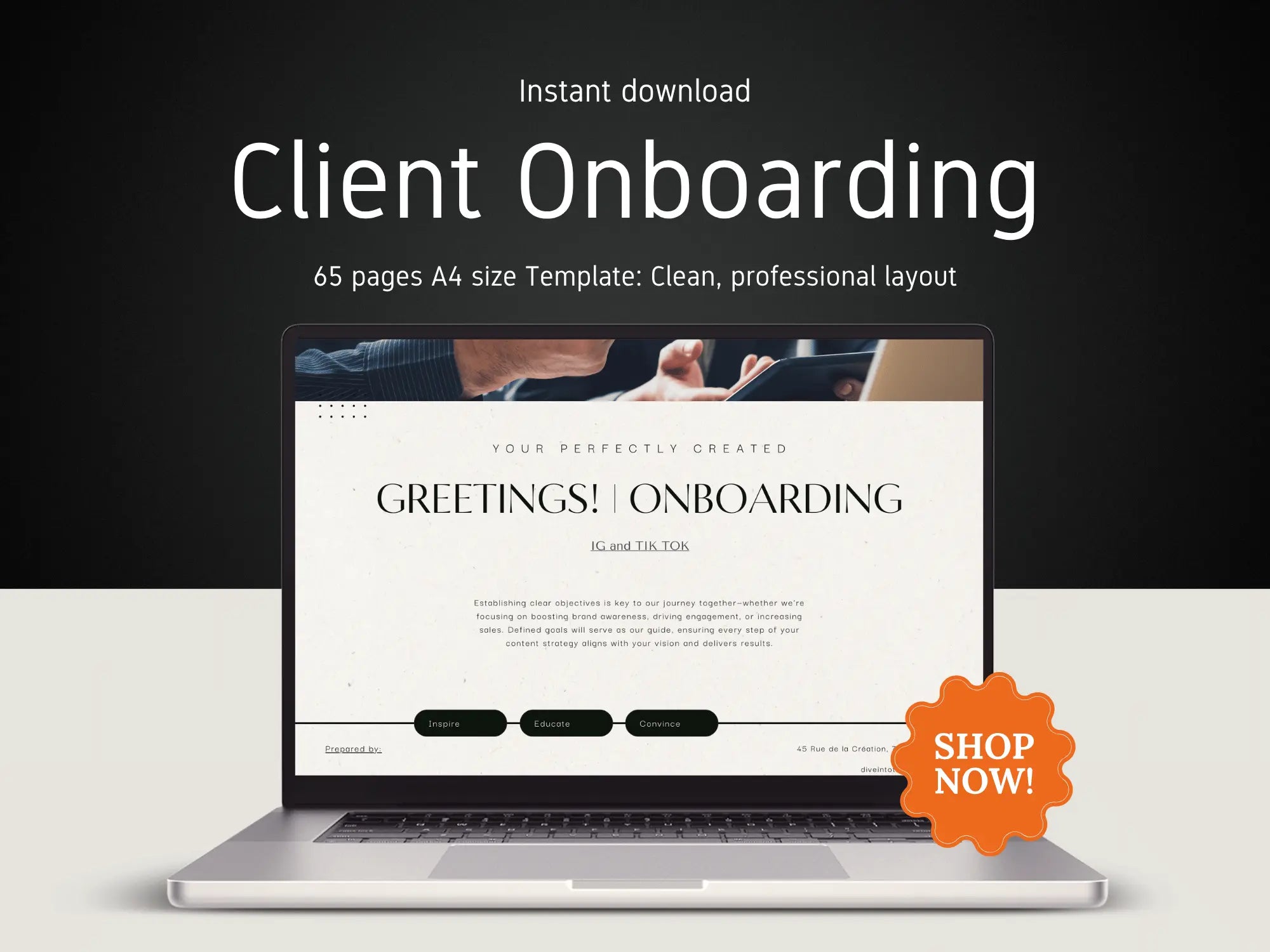 Digital product mockup for a client onboarding template, showing a laptop with a clean white onboarding webpage layout on screen against a dark background with promotional text and an orange 'SHOP NOW!' badge.