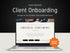 Digital product mockup for a client onboarding template, showing a laptop with a clean white onboarding webpage layout on screen against a dark background with promotional text and an orange 'SHOP NOW!' badge.