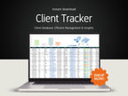 A laptop displaying a Google Sheets CRM client tracker dashboard with metric charts and a world map data layout.