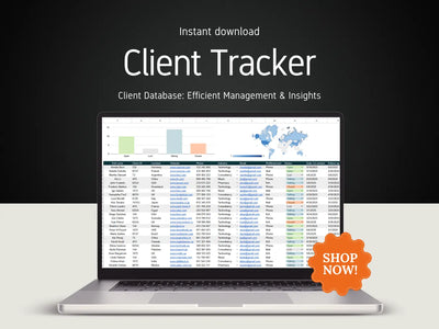 A laptop displaying a Google Sheets CRM client tracker dashboard with metric charts and a world map data layout.
