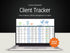A laptop displaying a Google Sheets CRM client tracker dashboard with metric charts and a world map data layout.