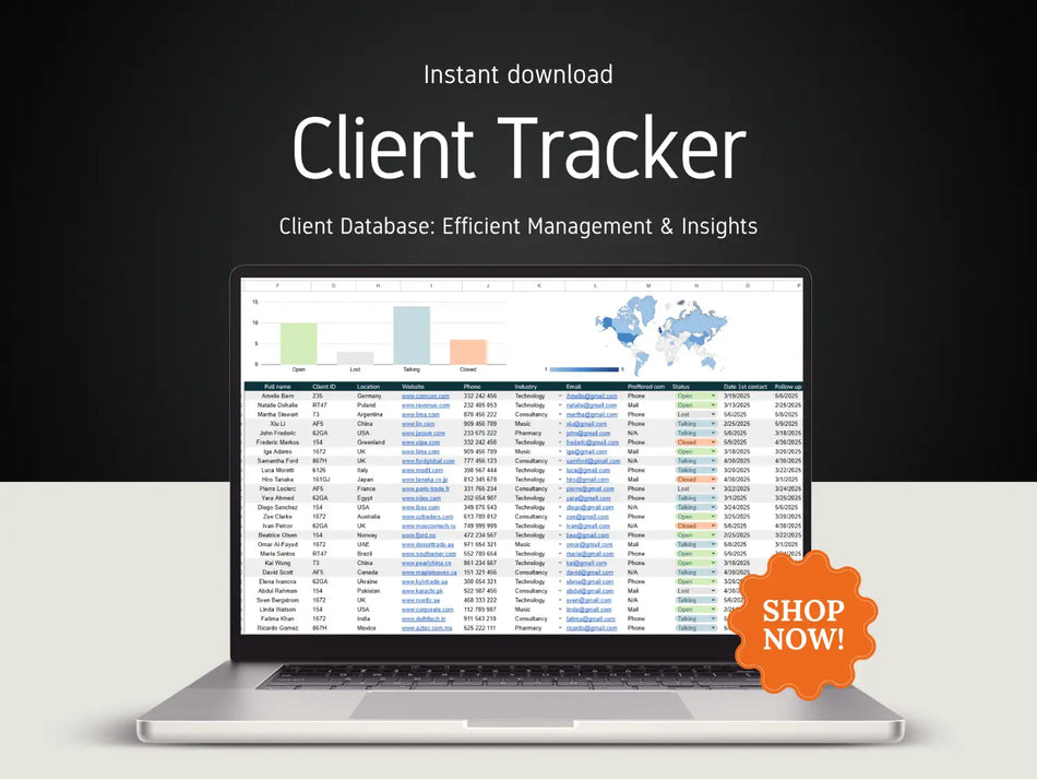 A laptop displaying a Google Sheets CRM client tracker dashboard with metric charts and a world map data layout.