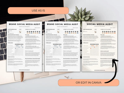 Three pages of a brand social media audit document on a desk with a keyboard and plant.