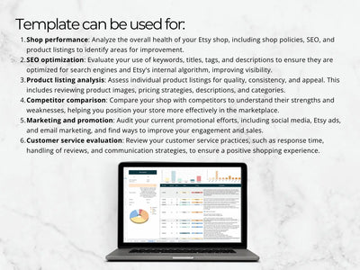 Laptop displaying a report on a white background with text about template uses.