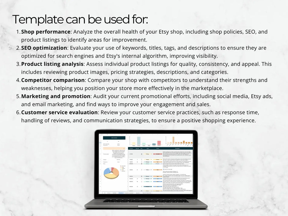 Laptop displaying a report on a white background with text about template uses.