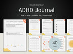A collection of 40 ADHD Journal pages including Long-term goals, SMART goals setting, and Monthly tracker sheets