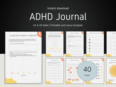 A collection of 40 ADHD Journal pages including Long-term goals, SMART goals setting, and Monthly tracker sheets