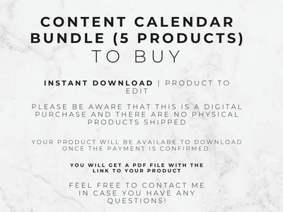 Digital content calendar bundle listing graphic with text on a white marble background. The text reads: 'CONTENT CALENDAR BUNDLE (5 PRODUCTS) TO BUY', 'INSTANT DOWNLOAD | PRODUCT TO EDIT', and additional purchase information and contact details.
