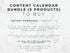 Digital content calendar bundle listing graphic with text on a white marble background. The text reads: 'CONTENT CALENDAR BUNDLE (5 PRODUCTS) TO BUY', 'INSTANT DOWNLOAD | PRODUCT TO EDIT', and additional purchase information and contact details.