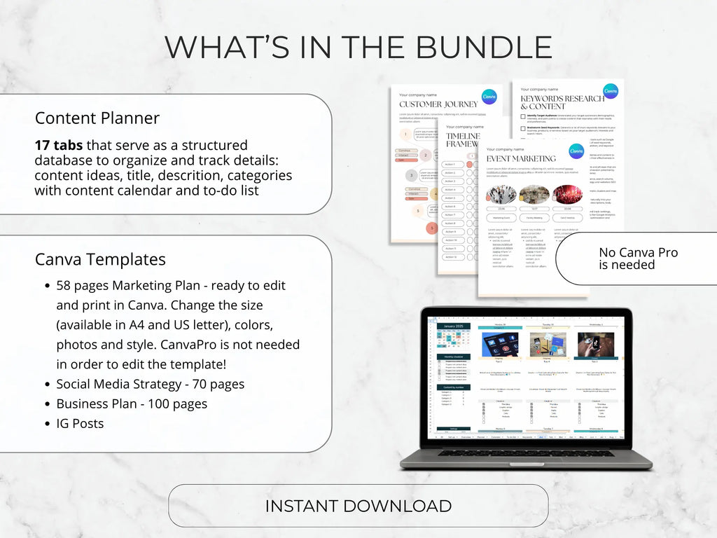 Promotional graphic for a bundle of content planner and Canva templates with a laptop displaying templates.
