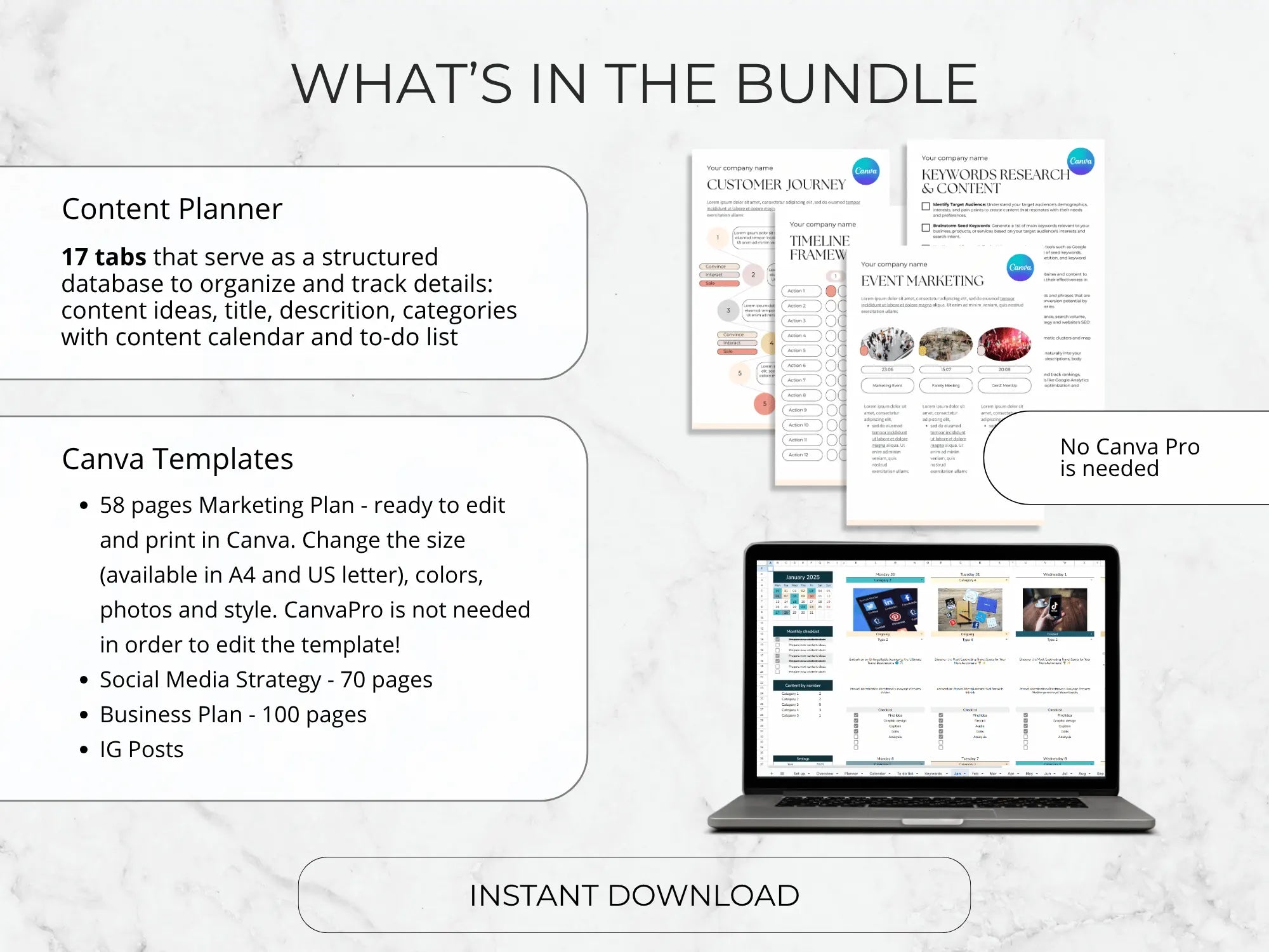 Promotional graphic for a bundle of content planner and Canva templates with a laptop displaying templates.