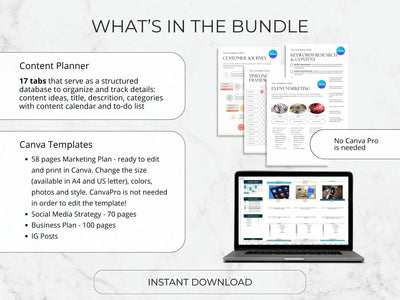 Promotional graphic for a bundle of content planner and Canva templates with a laptop displaying templates.