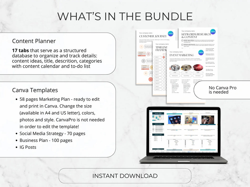 Promotional graphic for a bundle of content planner and Canva templates with a laptop displaying templates.