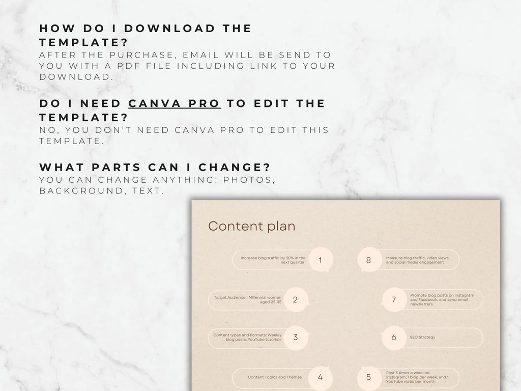 Text on a white background explaining how to download and use a template, with a beige content plan template in the corner.