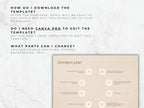 Text on a white background explaining how to download and use a template, with a beige content plan template in the corner.