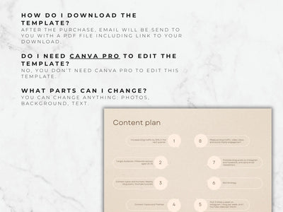 Text on a white background explaining how to download and use a template, with a beige content plan template in the corner.