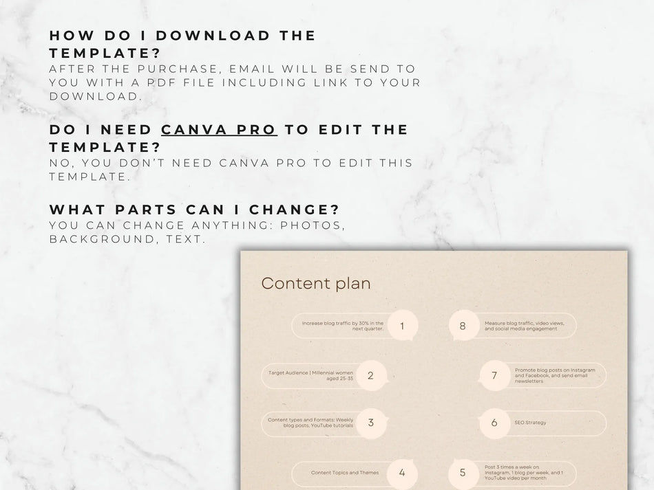 Text on a white background explaining how to download and use a template, with a beige content plan template in the corner.