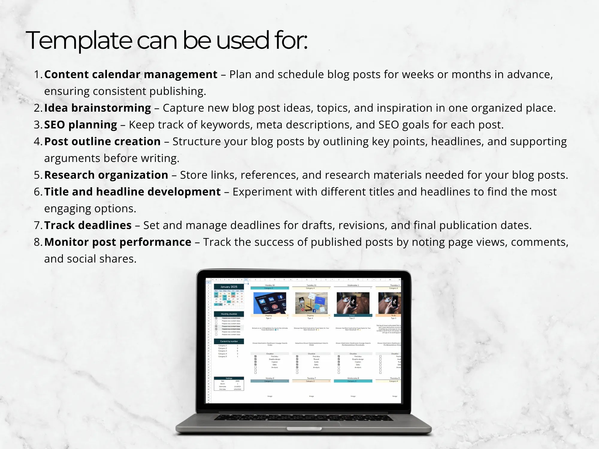 Laptop displaying a content management system on a light gray background