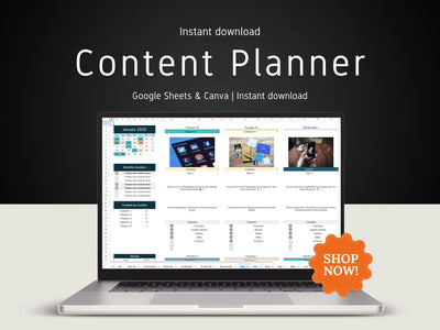Laptop displaying a content planner on a dark background with 'Shop Now!' button.