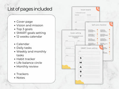 List of pages included in a productivity planner with various sections on a marble background.