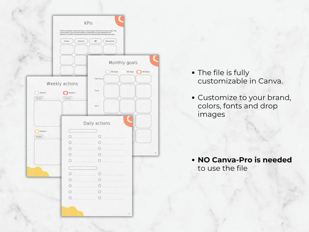 Set of customizable planner sheets on a marble surface with text about Canva customization.