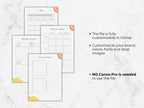 Set of customizable planner sheets on a marble surface with text about Canva customization.