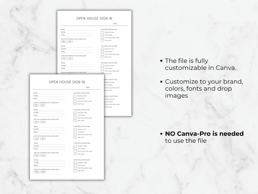 Two open house sign-in sheets on a marble surface with text about customization options.