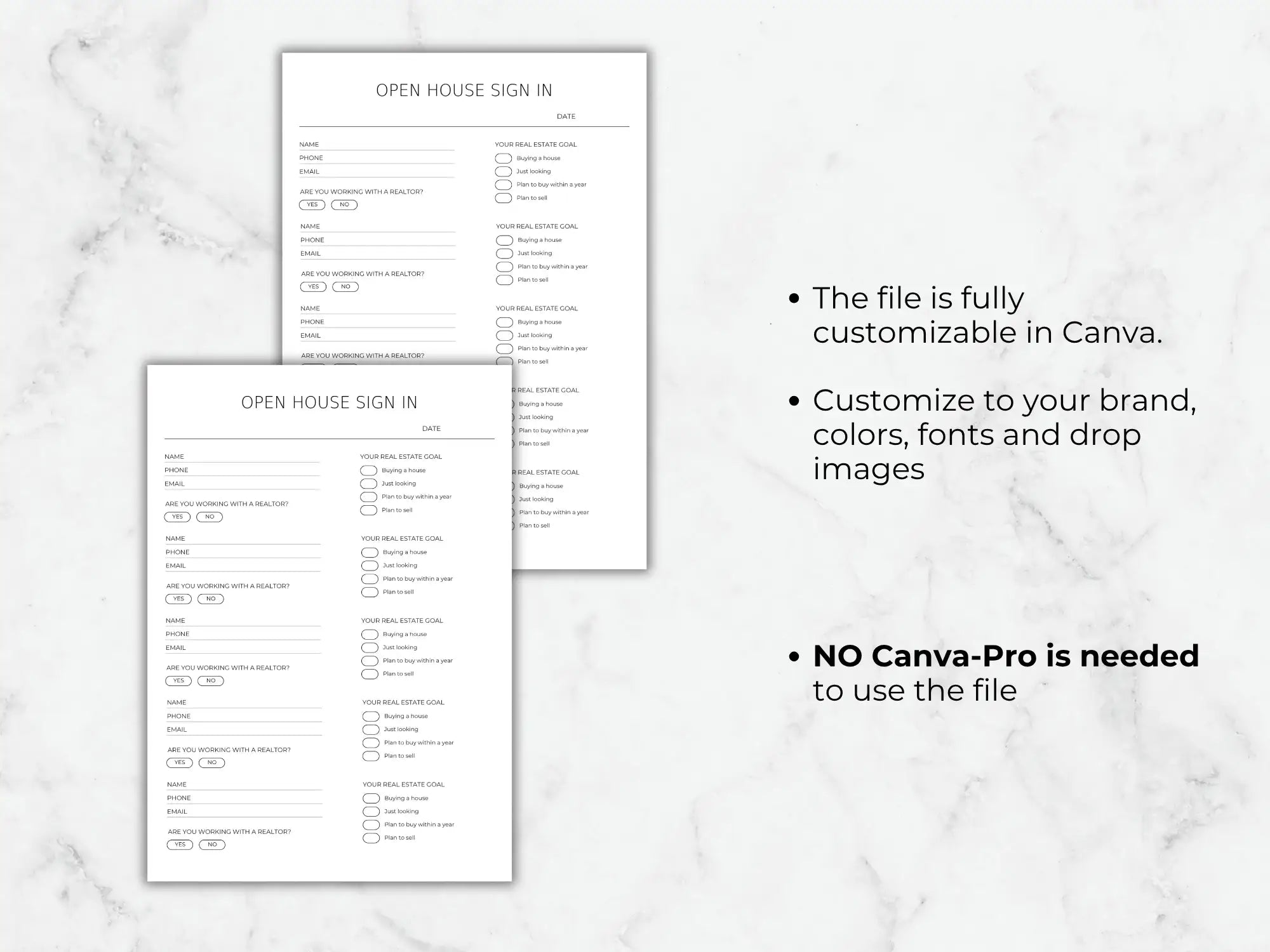 Two open house sign-in sheets on a marble surface with text about customization options.