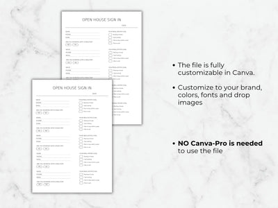 Two open house sign-in sheets on a marble surface with text about customization options.