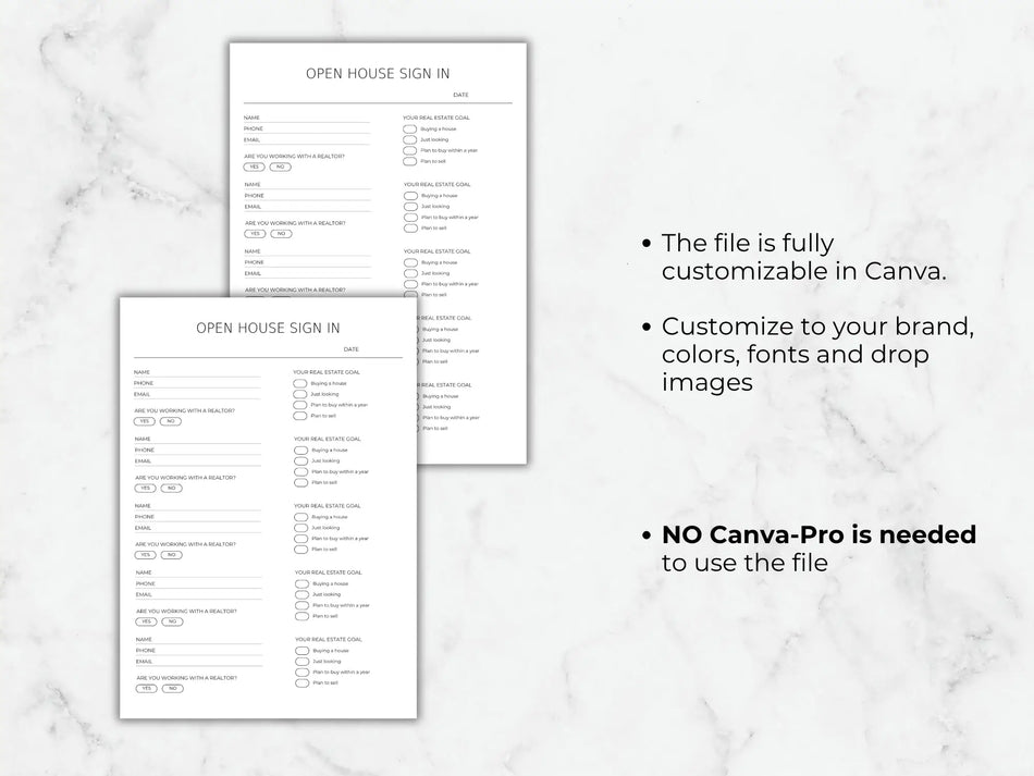 Two open house sign-in sheets on a marble surface with text about customization options.