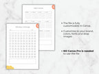 Two-page template preview with bullet points explaining that the file is fully customizable in Canva, allows for brand color and font changes, and does not require Canva Pro.