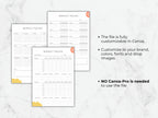 Three workout tracker layouts shown on a marble background with bullet points explaining that the files are fully customizable in Canva