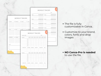 Three workout tracker layouts shown on a marble background with bullet points explaining that the files are fully customizable in Canva