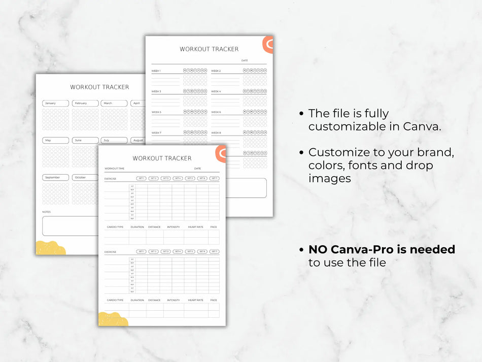 Three workout tracker layouts shown on a marble background with bullet points explaining that the files are fully customizable in Canva