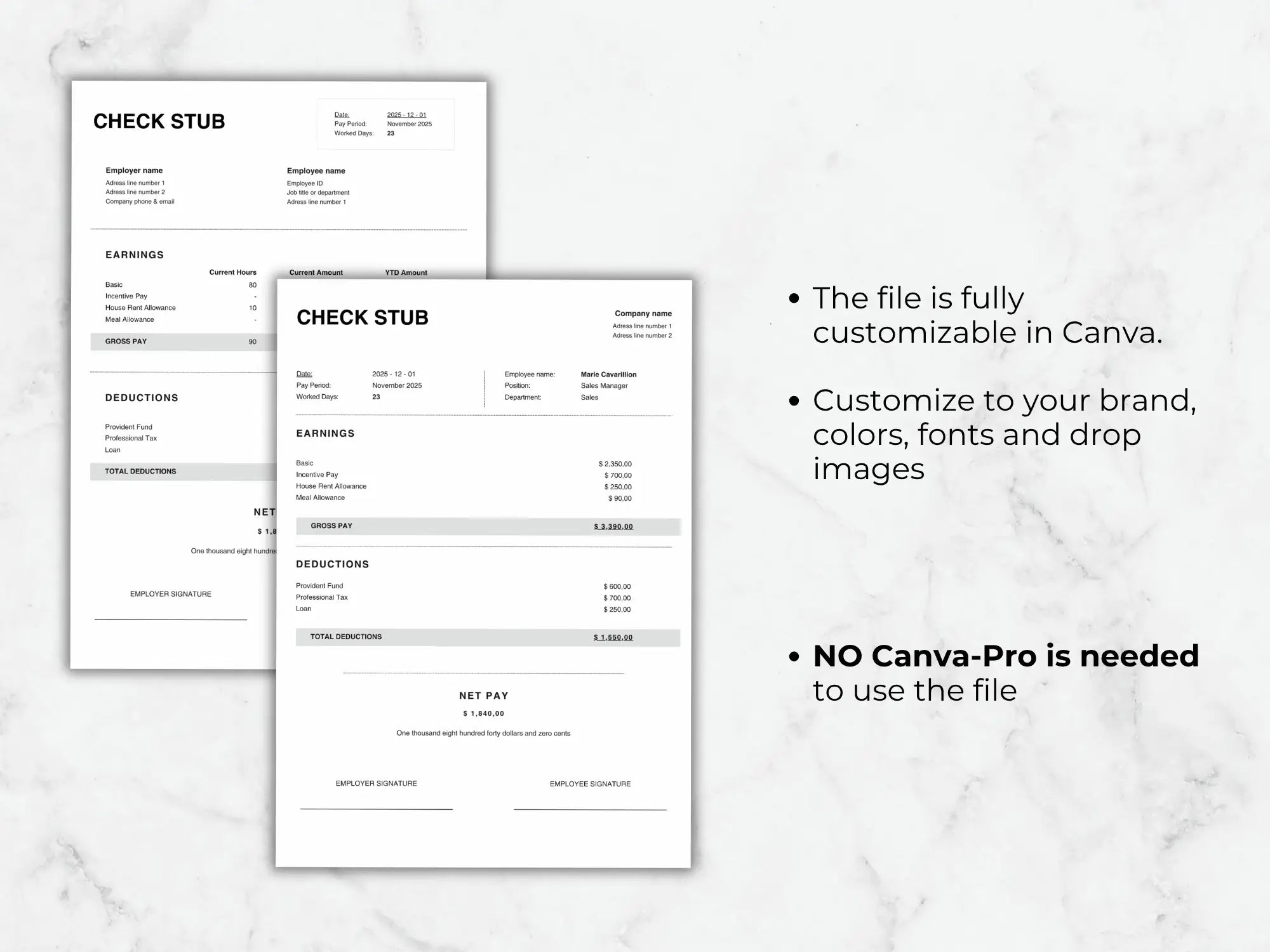 Check stub template with customization information on a marble background