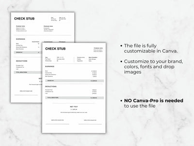 Check stub template with customization information on a marble background